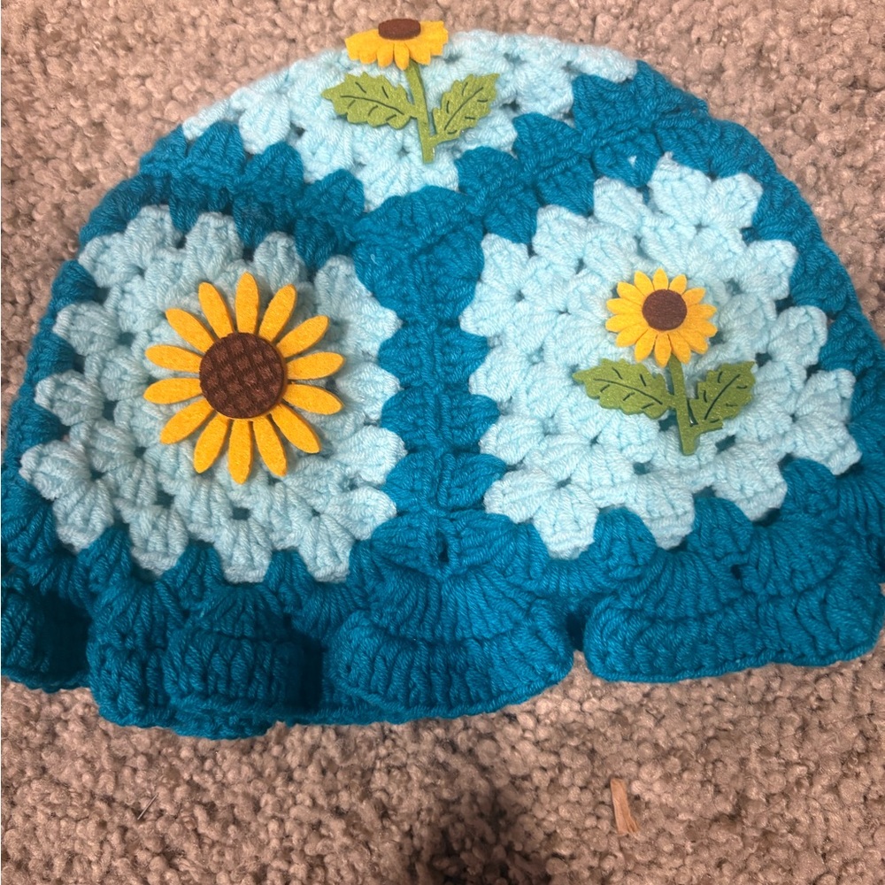 Floral Crochet Kids Beanie - Blue and Yellow